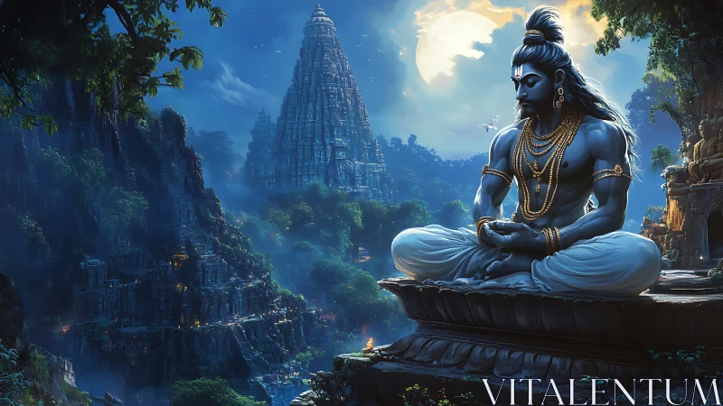 Moonlit mountain temple and serene blue meditating figure.