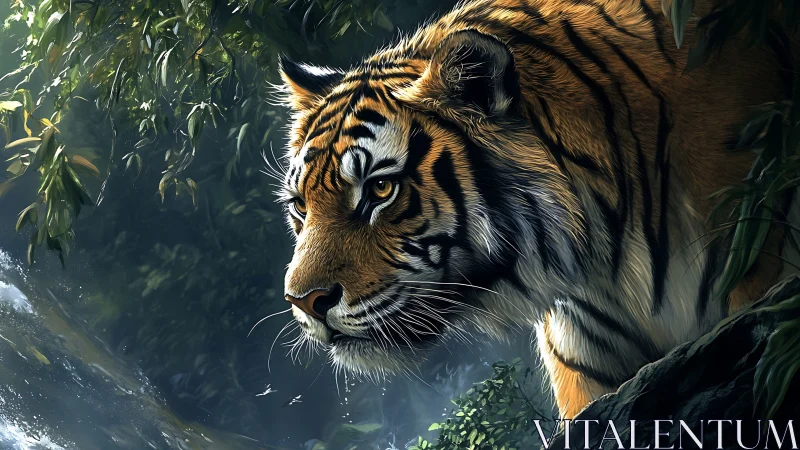 Tiger stalks riverside ledge under filtered jungle light.
