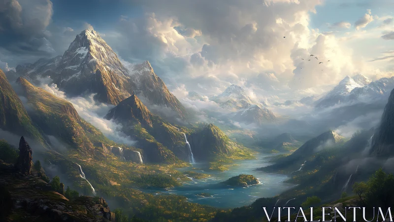 Panoramic alpine valley integrates cascades, glacial peaks, and mist