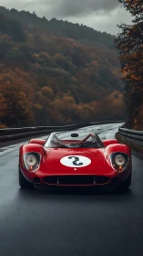 Vintage red endurance race car on wet mountain switchback