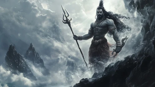 Mythic warrior god towers over storm-lashed mountain pass