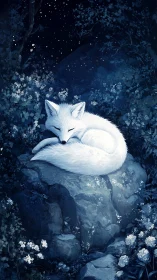 Moonlit white fox curls into peaceful sleep among flowers.