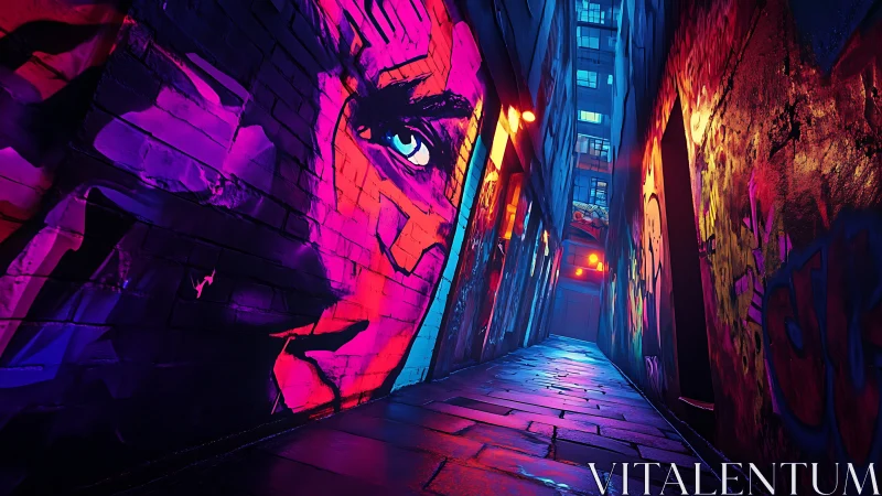 Tilted alleyway shows vivid neon graffiti under night lighting
