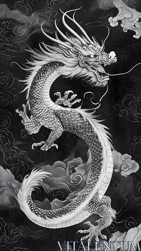 Monochrome East Asian dragon coiling through stylized storm clouds