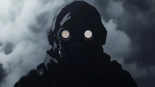 Hooded figure in gas mask stands against dense clouded sky
