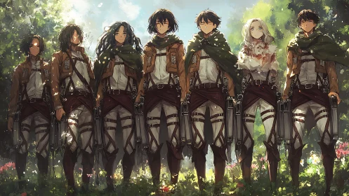 Anime scout squad standing in sunlit forest clearing.