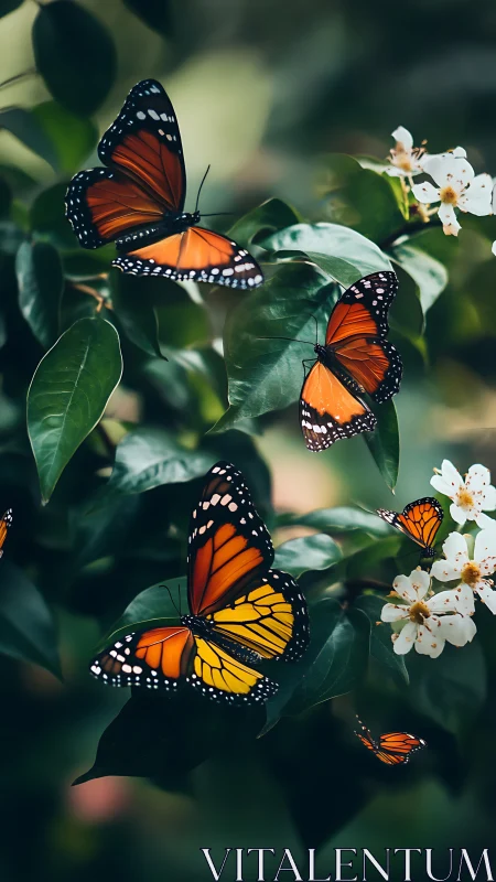 Clustered monarch butterflies with shallow depth of field on foliage