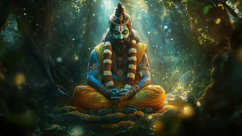 Blue-skinned robed figure meditating in dense forest scene.