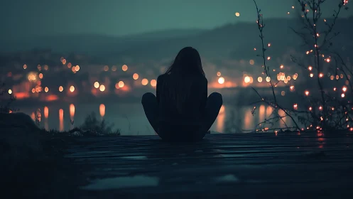 Solitary figure reflects by a glowing lakeside city at dusk