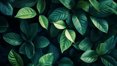 Green foliage closeup with layered leaves in soft lighting.