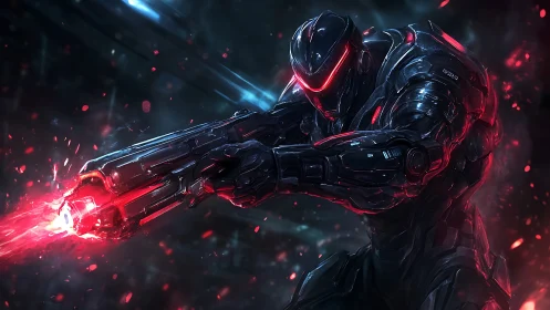 Armored cybernetic soldier fires energy rifle in combat