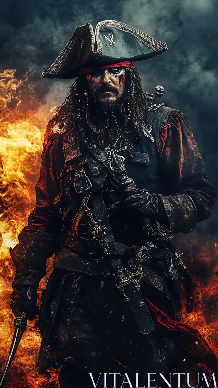 Storm-lit pirate captain strides forward through roaring fire
