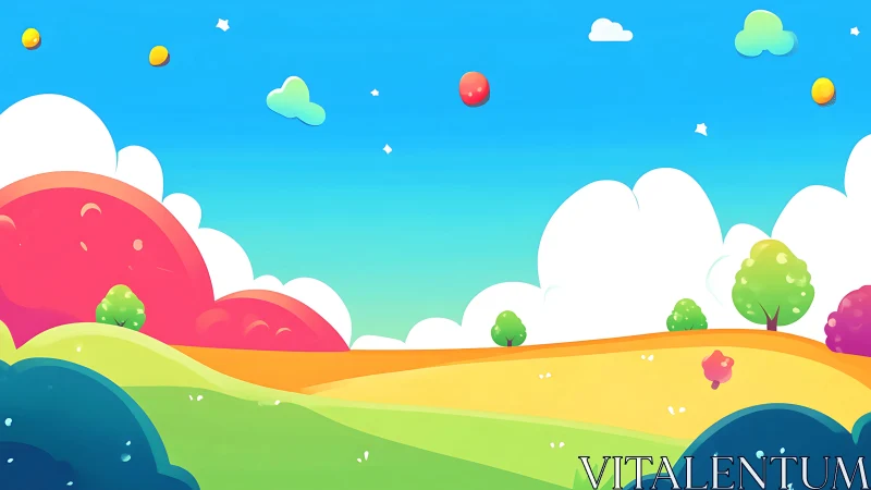 Minimalist cartoon landscape with rolling hills and trees.