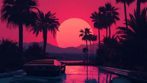 Retro sports car overlooks neon sunset poolside city panorama