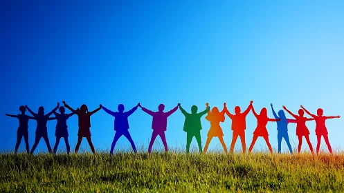 Silhouetted multicolored figures standing in line on hillside.