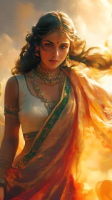 Digital painting depicts woman in ornate sari amid warm light