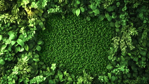 Dense tropical foliage encircles textured green ground void