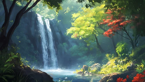 Enchanted Waterfall Sanctuary Bathed in Golden Luminescence.