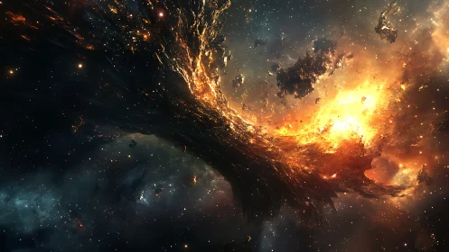 Cosmic nebula eruption with dark rift and bright plasma.