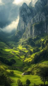Sunlit alpine valley beneath sheer misty limestone cliffs.