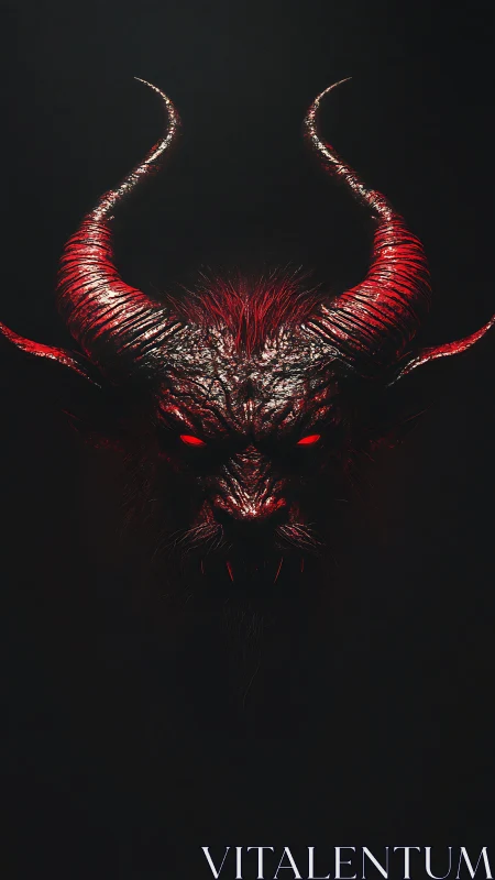 Glowing horned demon face emerging from deep shadow.