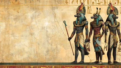 Jackal-headed Egyptian gods stride across aged mural wall