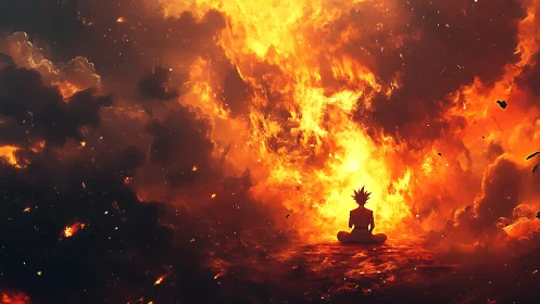 Meditative Figure in Blazing Inferno: Digital Rendering of Transcendent Composure.
