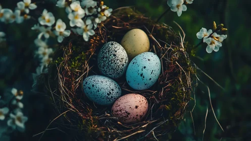 Speckled bird eggs rest in mossy nest among white blossoms