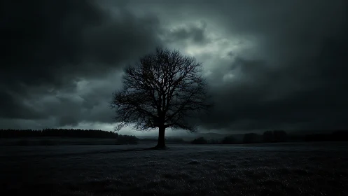 Nocturnal lone tree under storm-laden cumulonimbus sky.