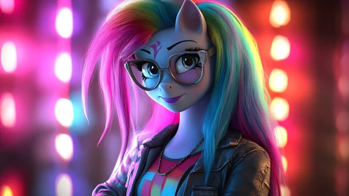 Neon-lit rainbow-maned pony wearing glasses poses confidently