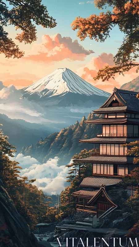 Terraced Japanese ryokan before snowcapped peak at sunrise