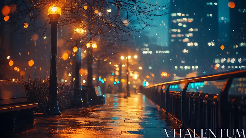 Rain-soaked riverside walkway under sodium lamps and bokeh glare