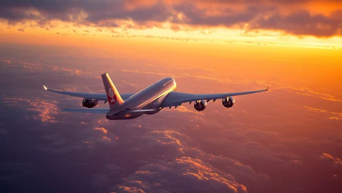 Widebody jetliner cruising above stratocumulus at sunset light