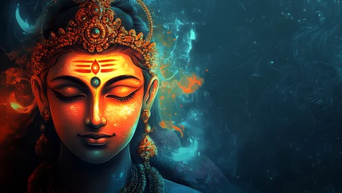 Divine goddess portrait glows against deep cosmic teal