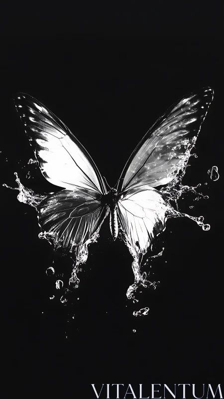 High-contrast monochrome water-splash butterfly on black field