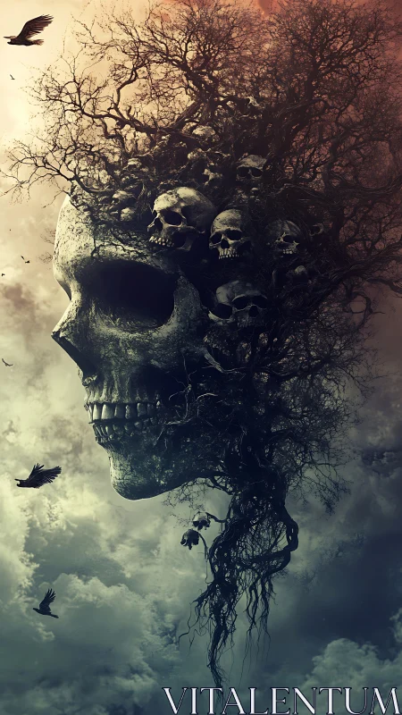 Surreal skull-tree amalgam in atmospheric digital painting.
