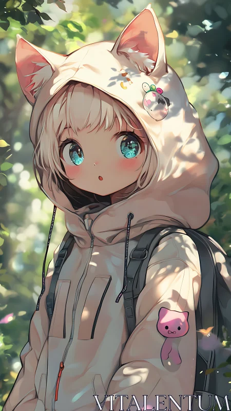 Cat-eared hoodie girl stands in dappled forest light.