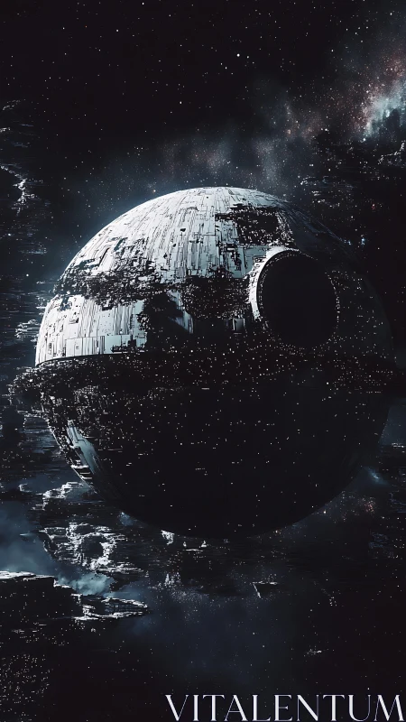 Orbital metal moon drifting quietly through deep space.