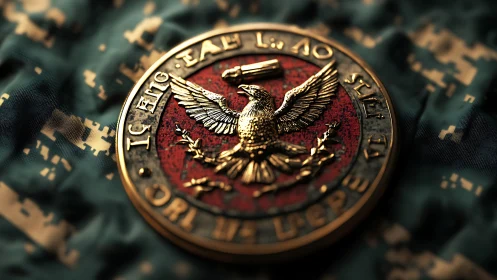 Gold eagle insignia medal on digital camouflage fabric.