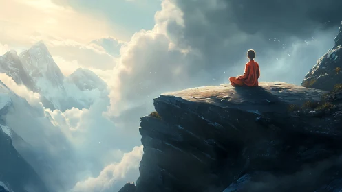 Solitary monk in sunrise clouds, meditating above worlds.