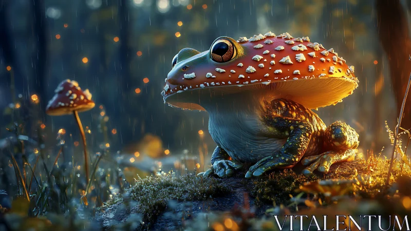 Mushroom-crowned forest frog waits out glittering twilight rain