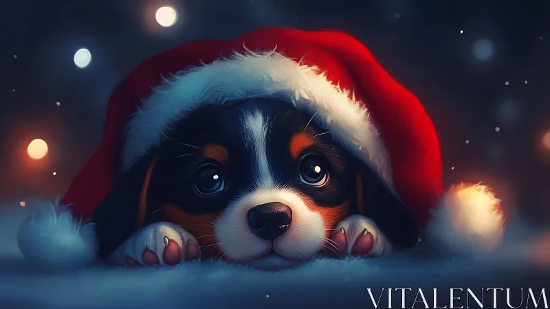 Puppy in red Santa hat resting on snow with lights behind.