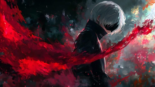 Monochrome-haired figure channels red energy in dynamic motion field