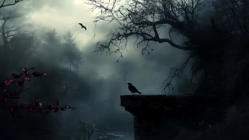 Nocturnal corvid on decayed bridge in volumetric forest fog.