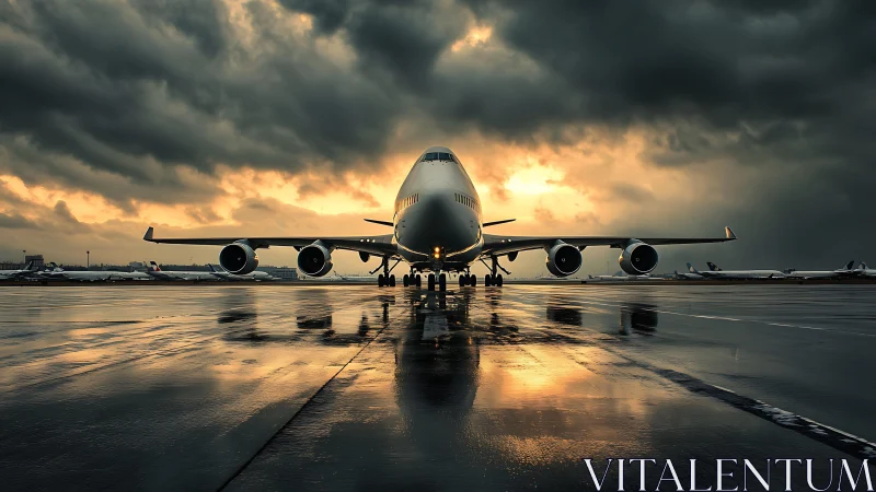 Large passenger jet on wet runway at dramatic sunset sky