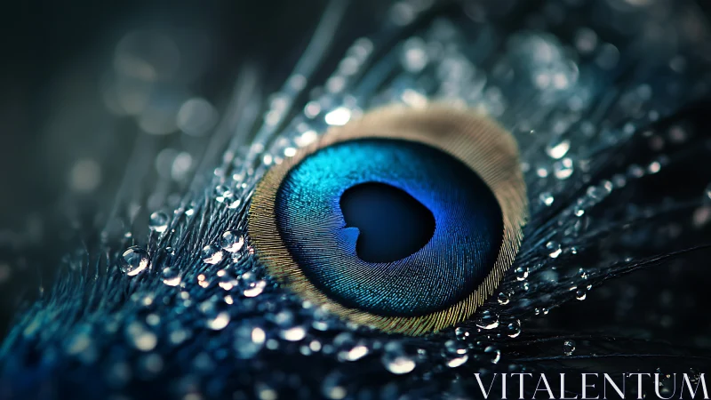 Macro study of iridescent peacock feather with dew droplets.