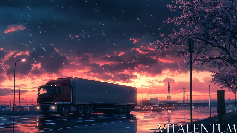 Rain-soaked highway truck glows beneath a neon sunset sky