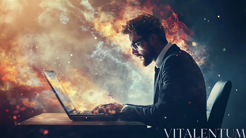Blazing creativity surrounds a focused man at his laptop