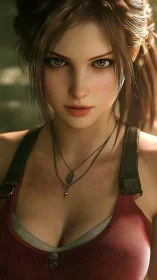 Cinematic female warrior portrait in warm rim lighting.