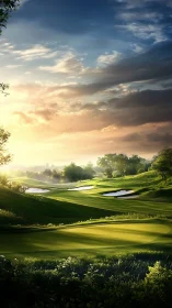 Sunlit golf course fairways extend under dramatic clouded sky